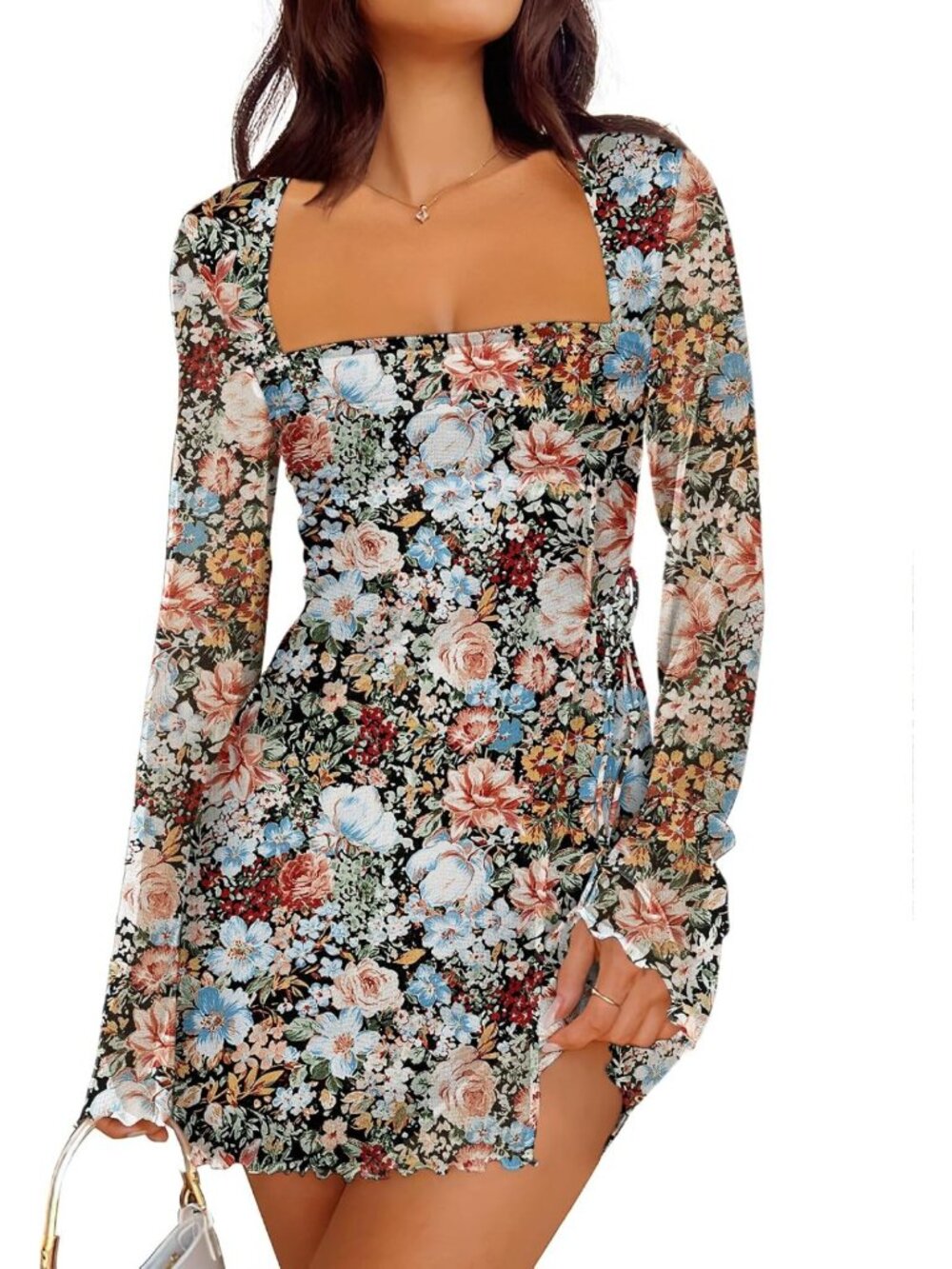 Chic Women's Fall Mini Dress with Sexy Mesh Long Sleeves - Perfect for Parties!